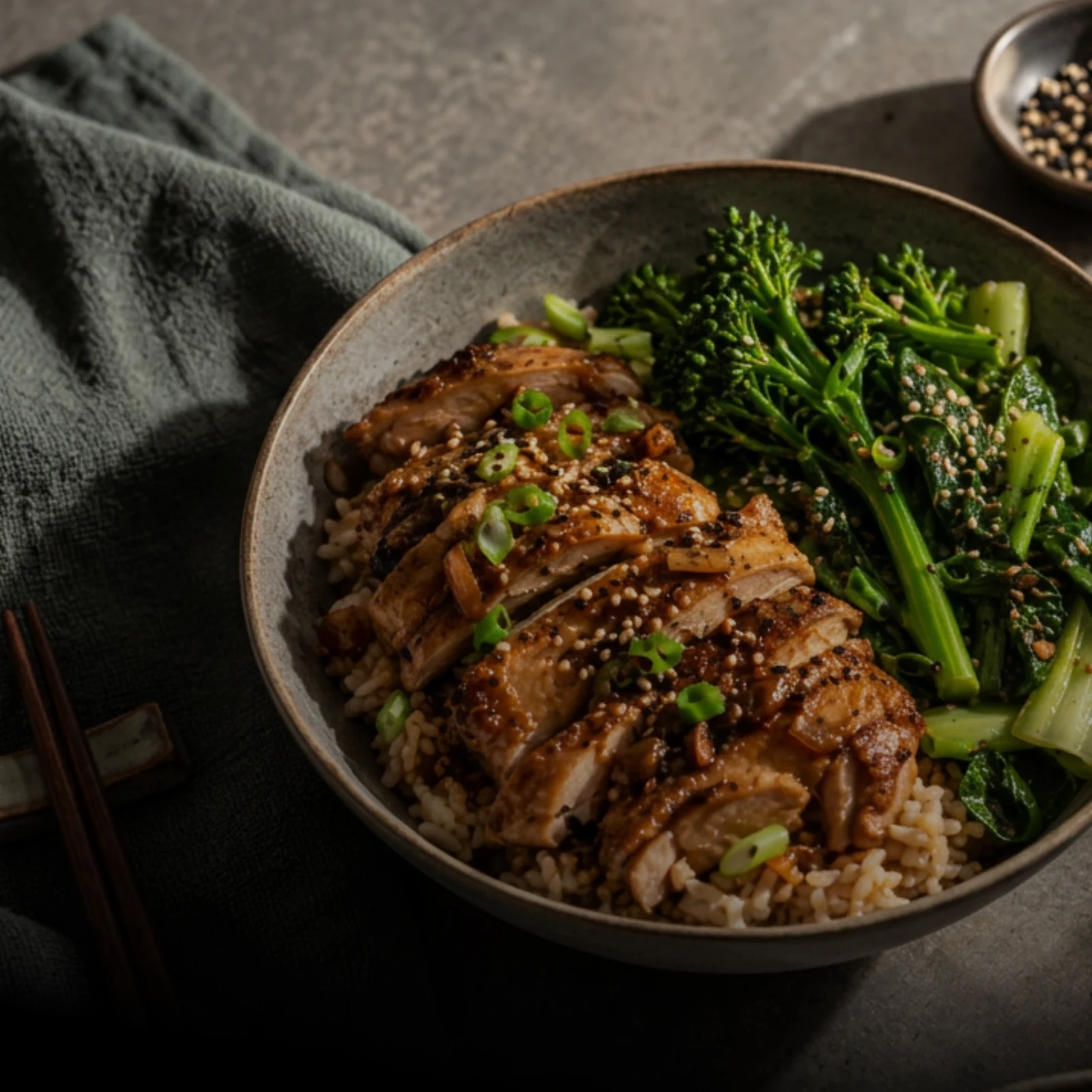 Chicken, rice and greens meal preparation